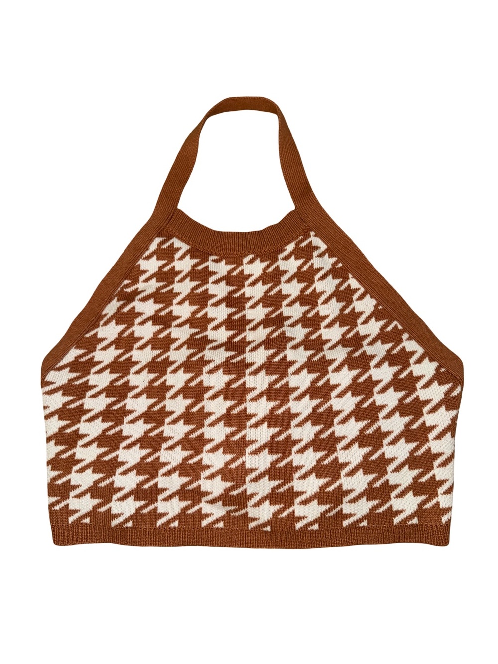 Vestique Brown & Cream Houndstooth Knit Halter Top Size Large